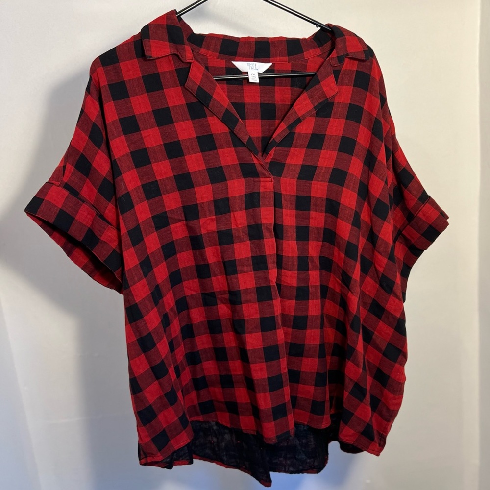 Brand new Time and Tru black and red plaid blouse, size XXL.